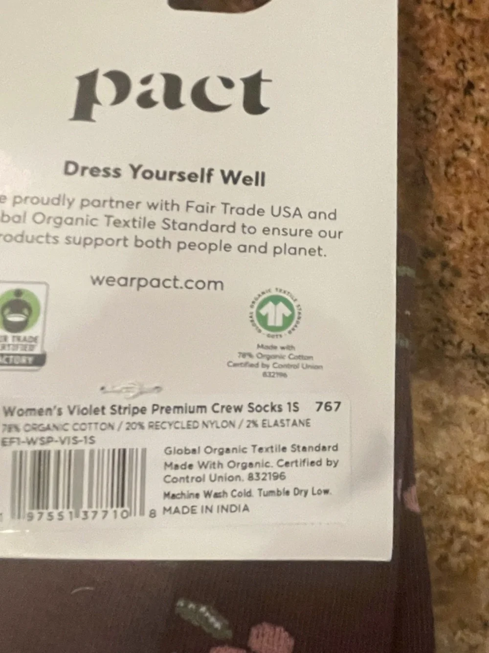 Pact Violet Stripe Premium Crew Socks Two Pair NWT!